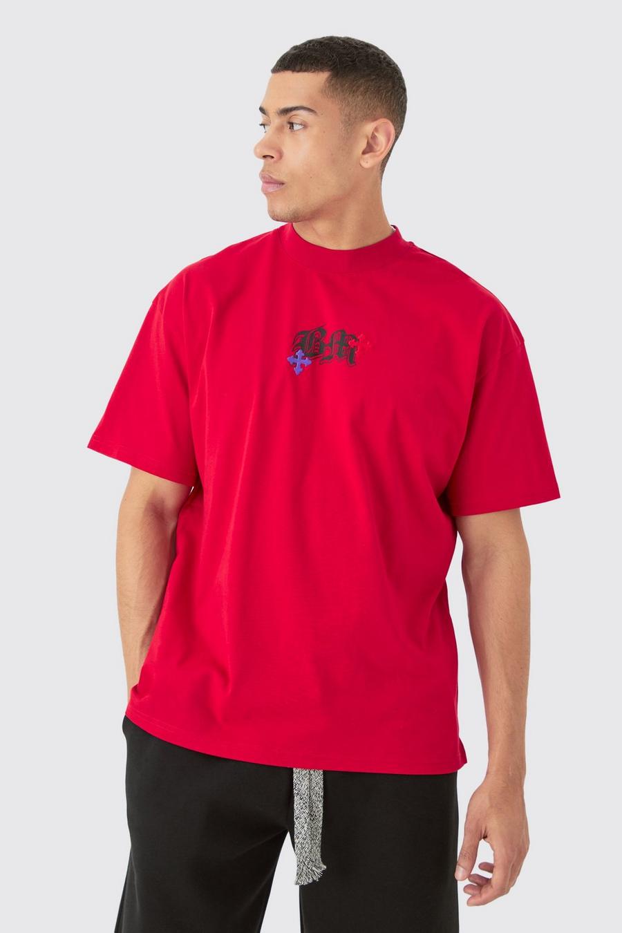 Red Oversized Dik Geborduurd Bm T-Shirt Met Kruis