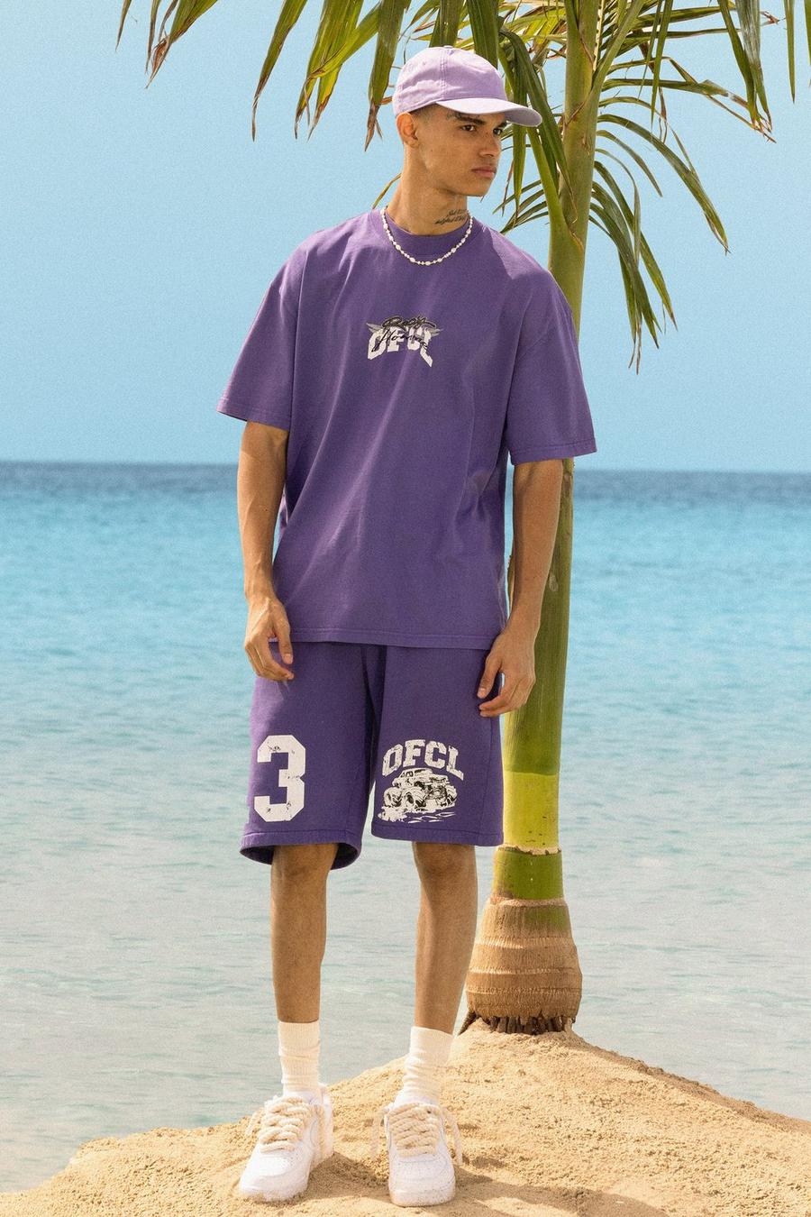 Pantalón corto y camiseta oversize Ofcl con lavado a la piedra y estampado de carreras, Purple