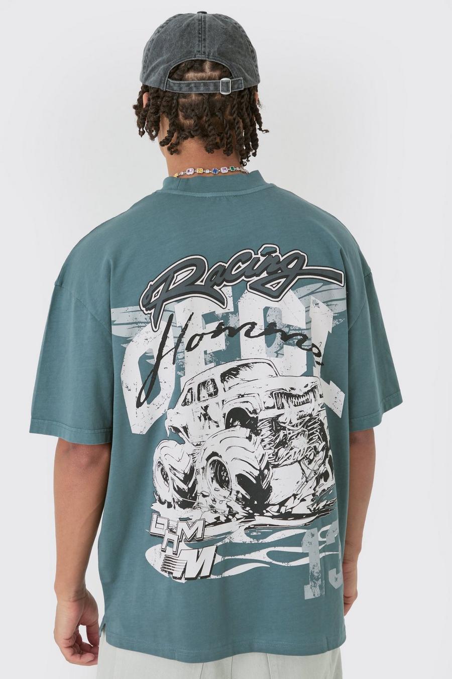 T-shirt oversize Ofcl Racing in lavaggio acido con girocollo esteso, Charcoal image number 1