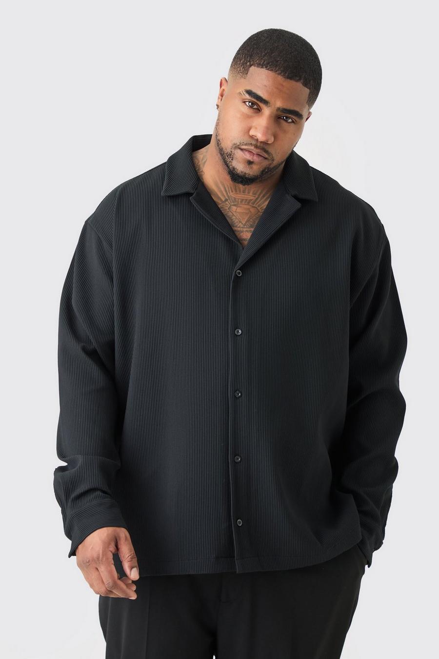 Camicia Plus Size a maniche lunghe nera con rever scesi e pieghe, Black
