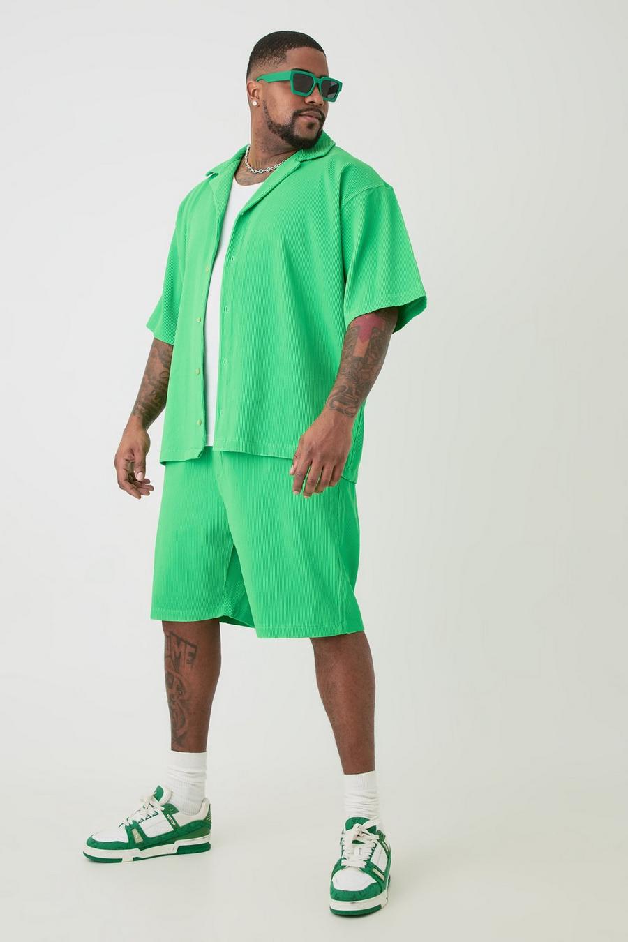 Conjunto Plus de pantalón corto y camisa de manga corta plisados ​​verdes con solapas, Green