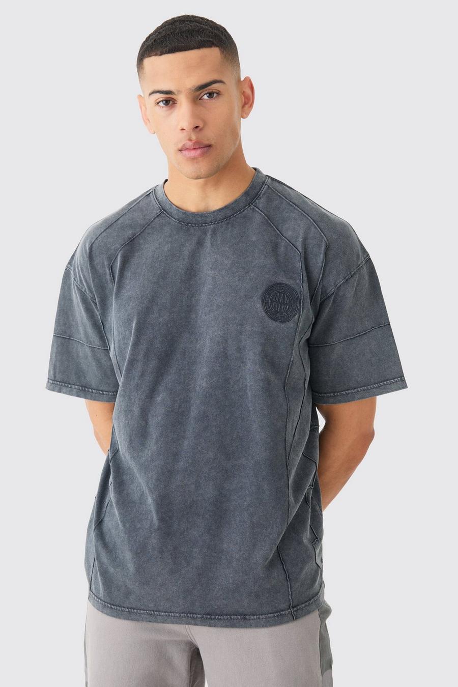 Charcoal Oversized Wash Pintuck Embroidered T-shirt