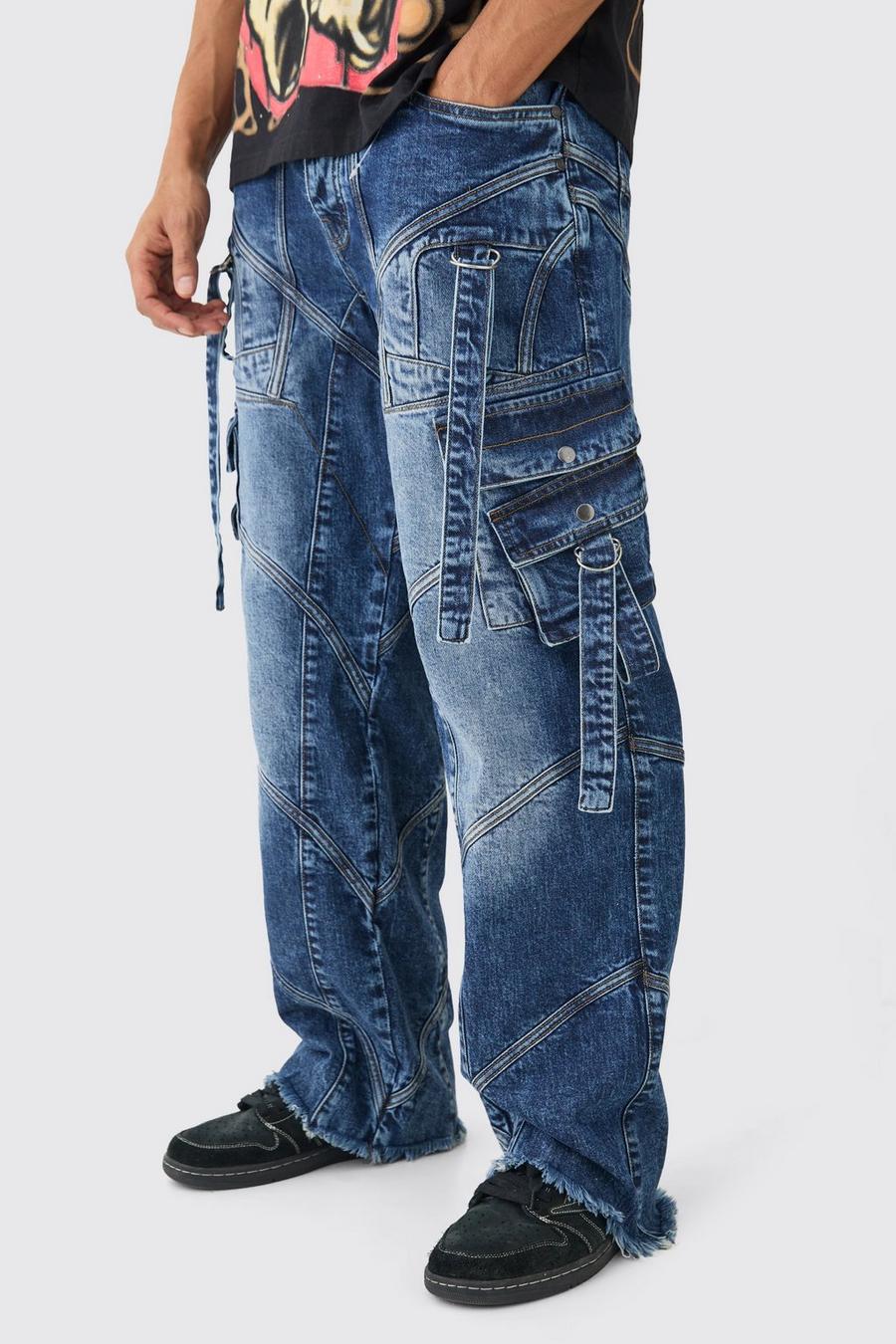 Indigo Baggy Jeans Met Onbewerkte Bandjes En Gesp Detail