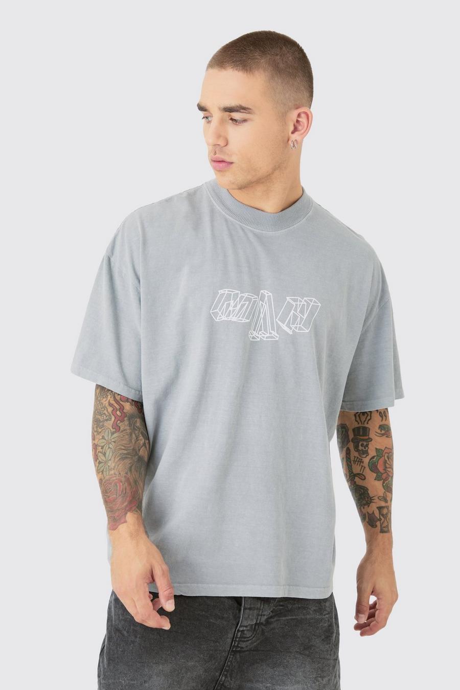 Grey Oversized Extended Neck Washed M Graphic T-shirt