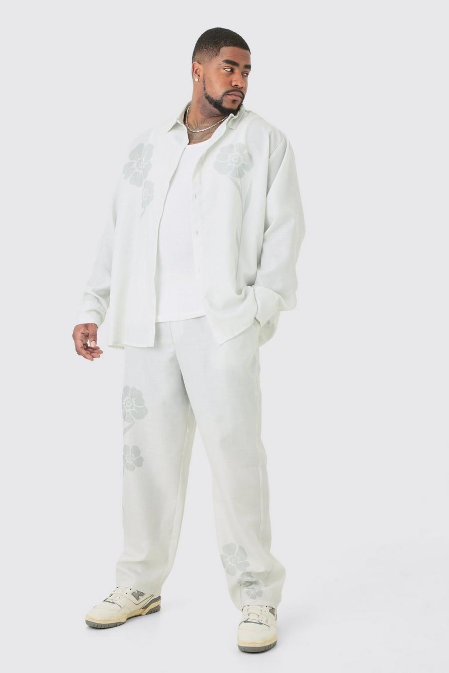 Camicia Plus Size a maniche lunghe effetto lino a fiori tono su tono & pantaloni, White