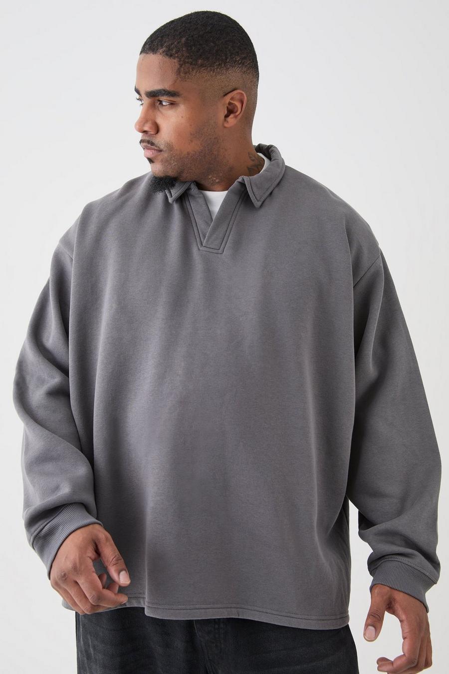 Charcoal Plus Oversized Revere Rugby Sweatshirt Polo 