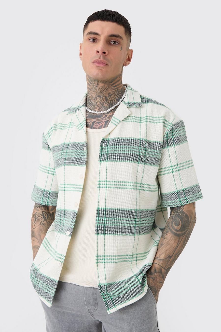 Tall Short Sleeve Drop Revere Textured Check Shirt In Stone