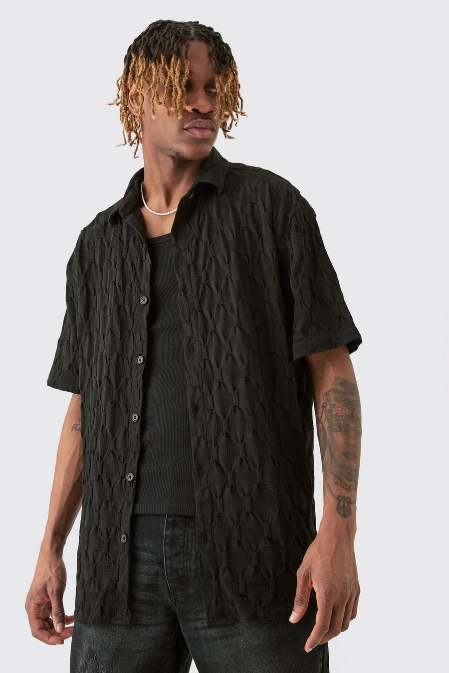 Tall kurzärmliges Oversize Jacquard Hemd in Schwarz, Black