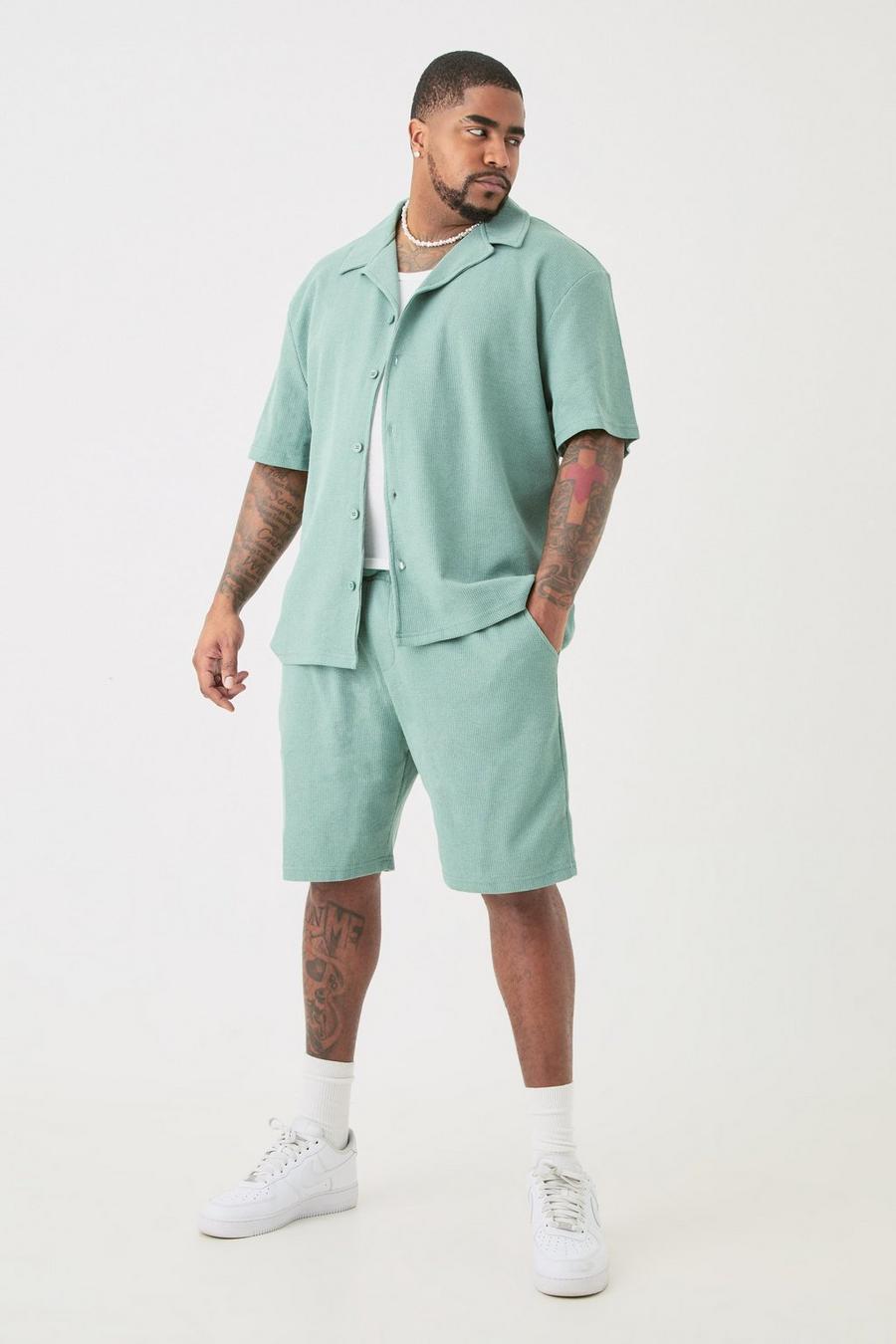 Conjunto Plus de pantalón corto y camisa de manga corta con solapas en verde, Green image number 1