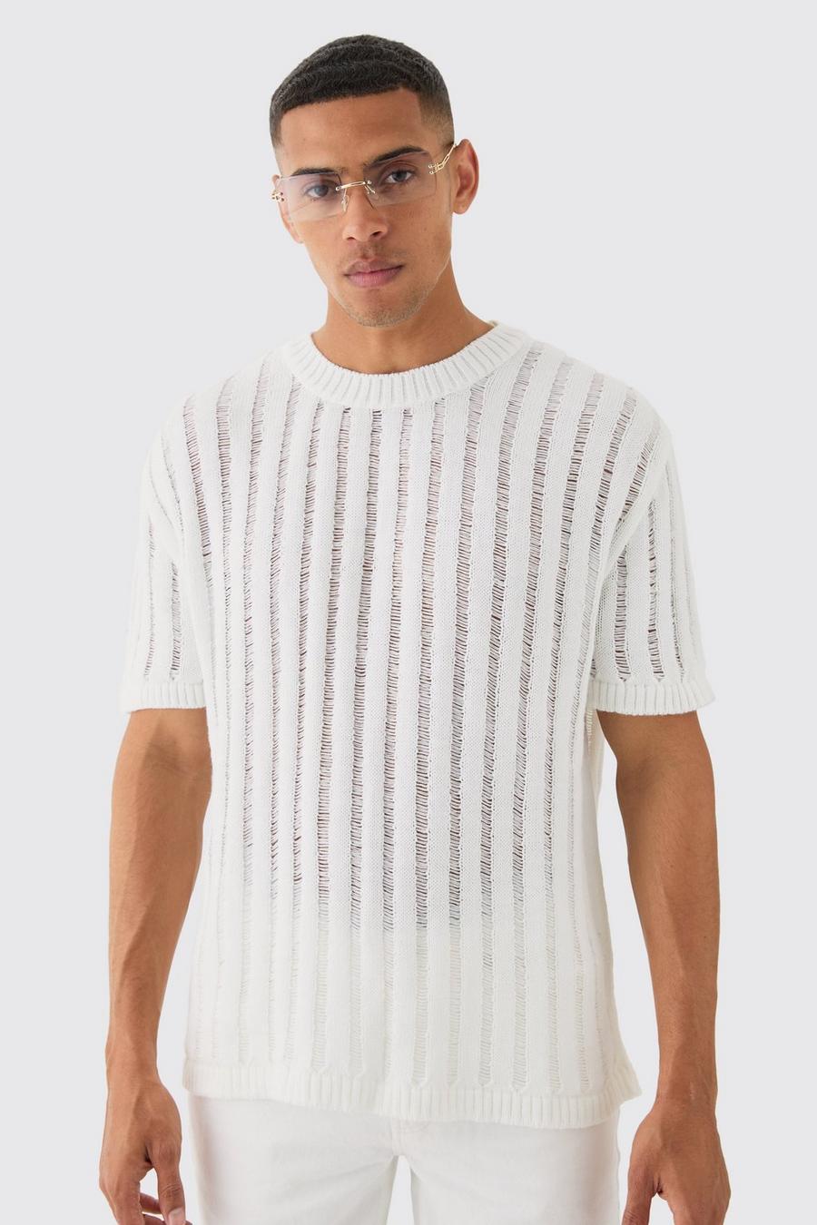 Oversized Open Ladder Stitch Knitted T-shirt In White image number 1