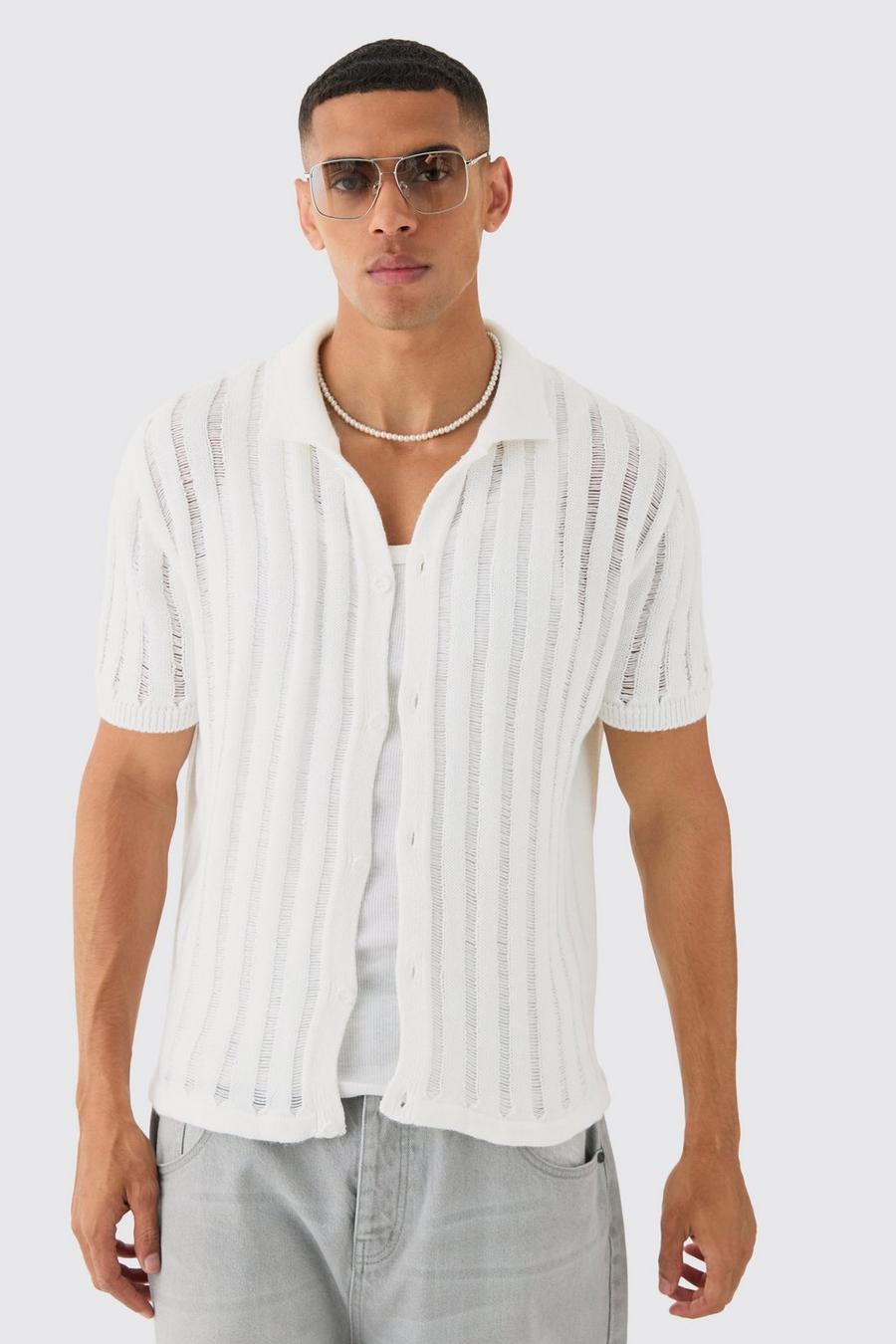 Camicia squadrata oversize in maglia bianca traforata in punto smagliato, White