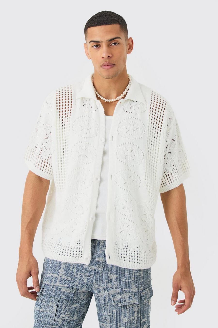 Oversized Boxy Open Stitch Detail Knitted Shirt In White image number 1