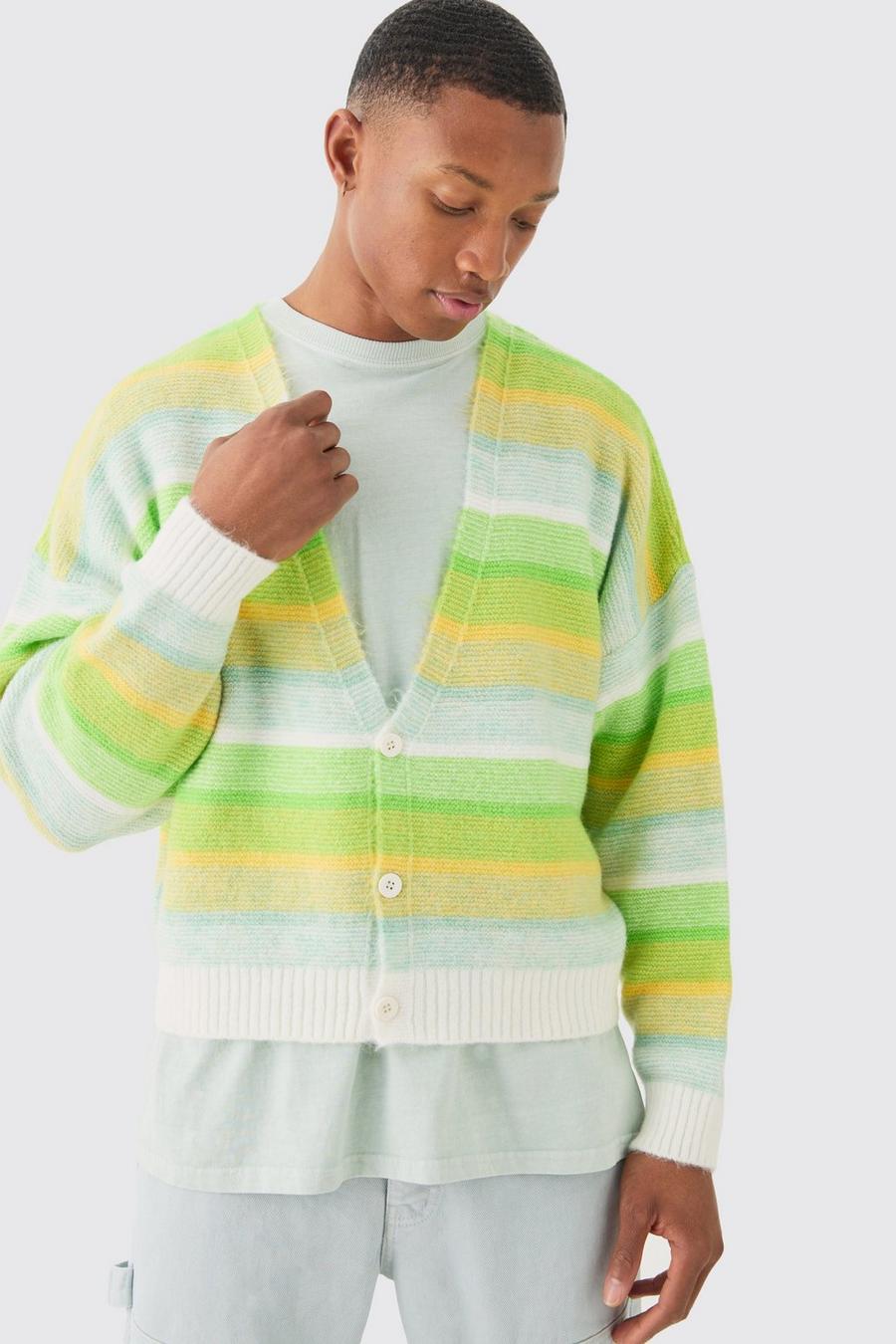 Boxy Brushed Striped Cardigan In Green image number 1