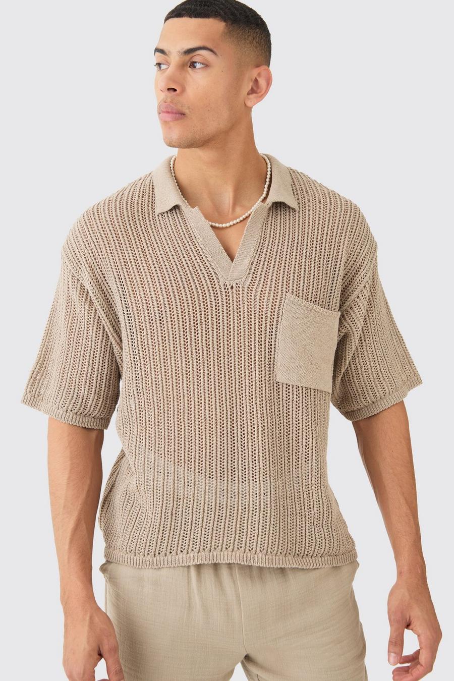 Oversized Boxy Open Stitch Polo With Pocket In Taupe image number 1