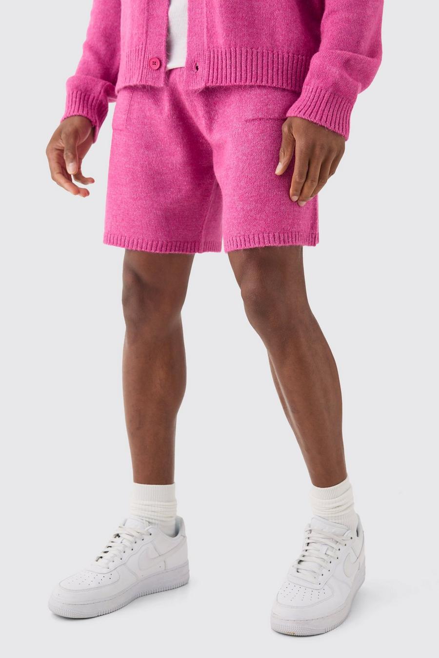 Pantaloncini rilassati in maglia spazzolata rosa scuro, Dark pink
