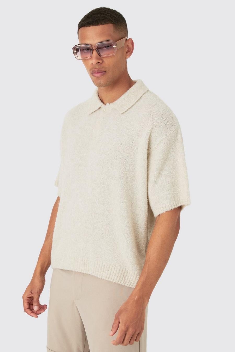Oversized Boxy Boucle Knit Polo In Ecru image number 1