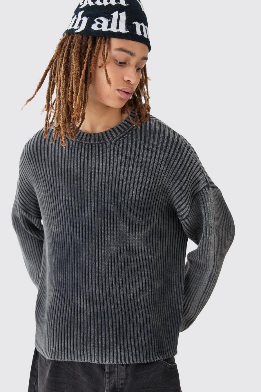 Oversized Boxy Acid Wash Jumper In Charcoal