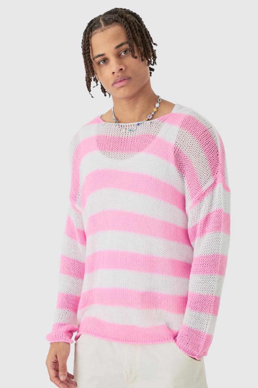 Maglione squadrato oversize in maglia a righe rosa, Pink image number 1