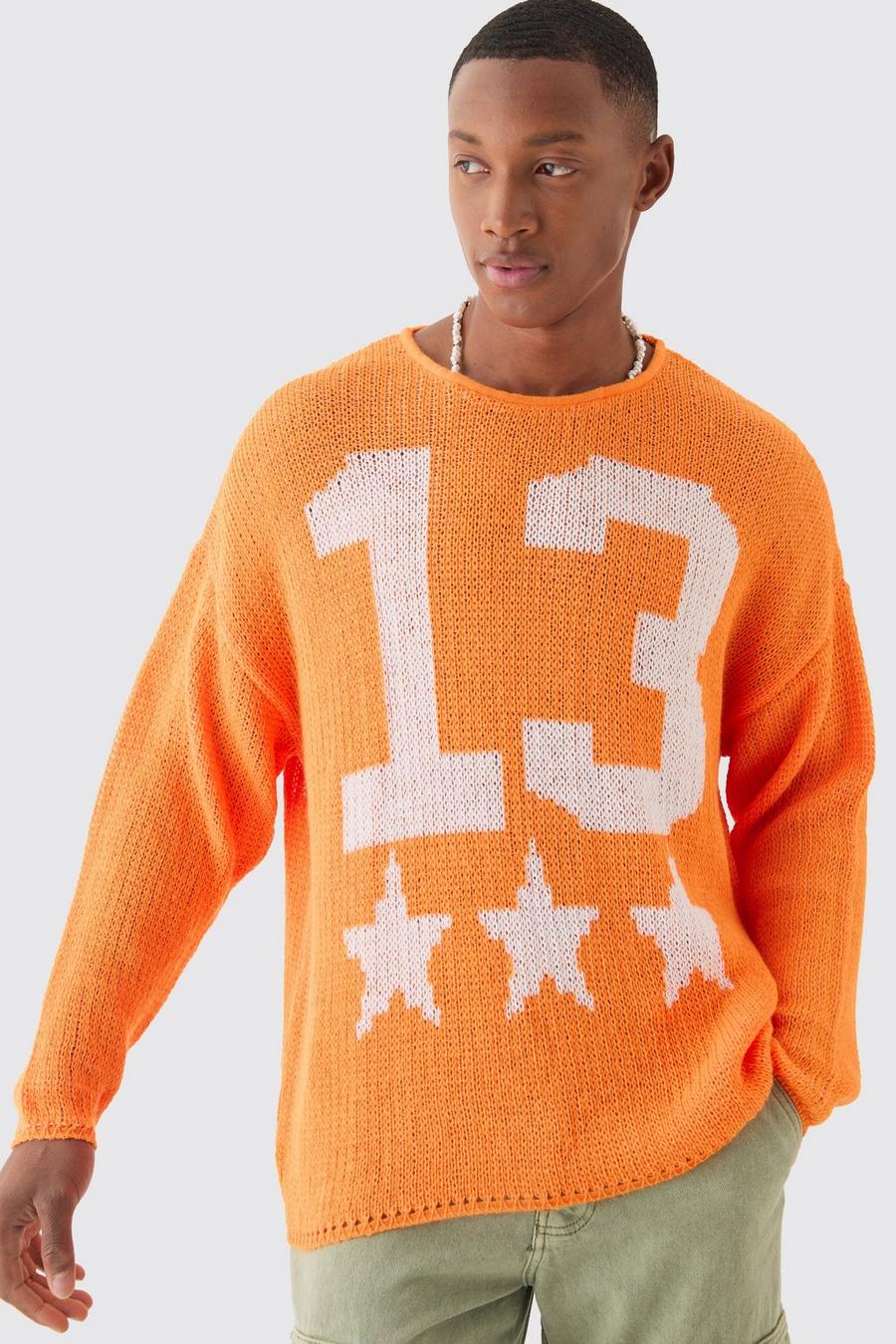 Orange Oversize stickad tröja i jacquardväv med öppen söm image number 1