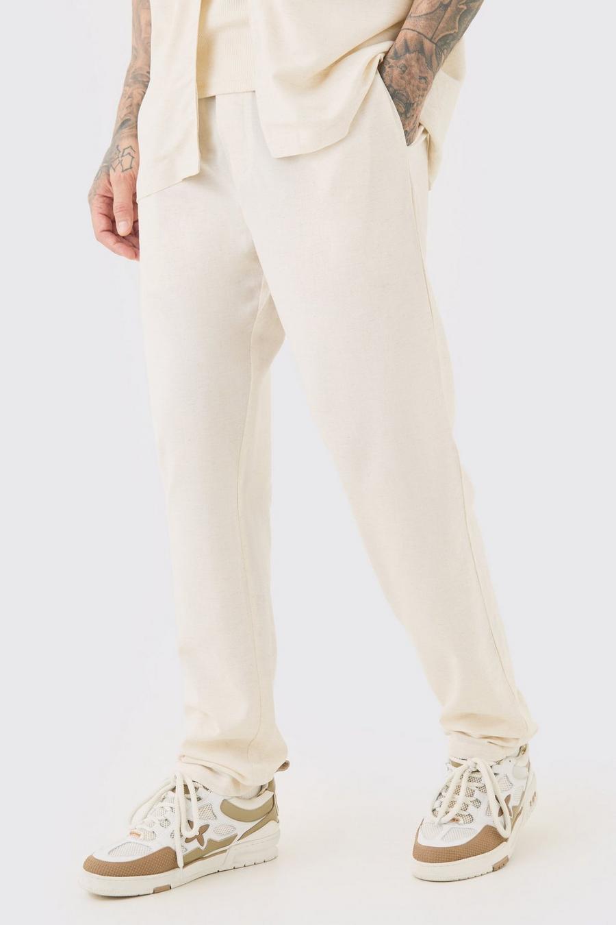 Tall - Pantalon fuselé en lin à taille élastiquée, Natural