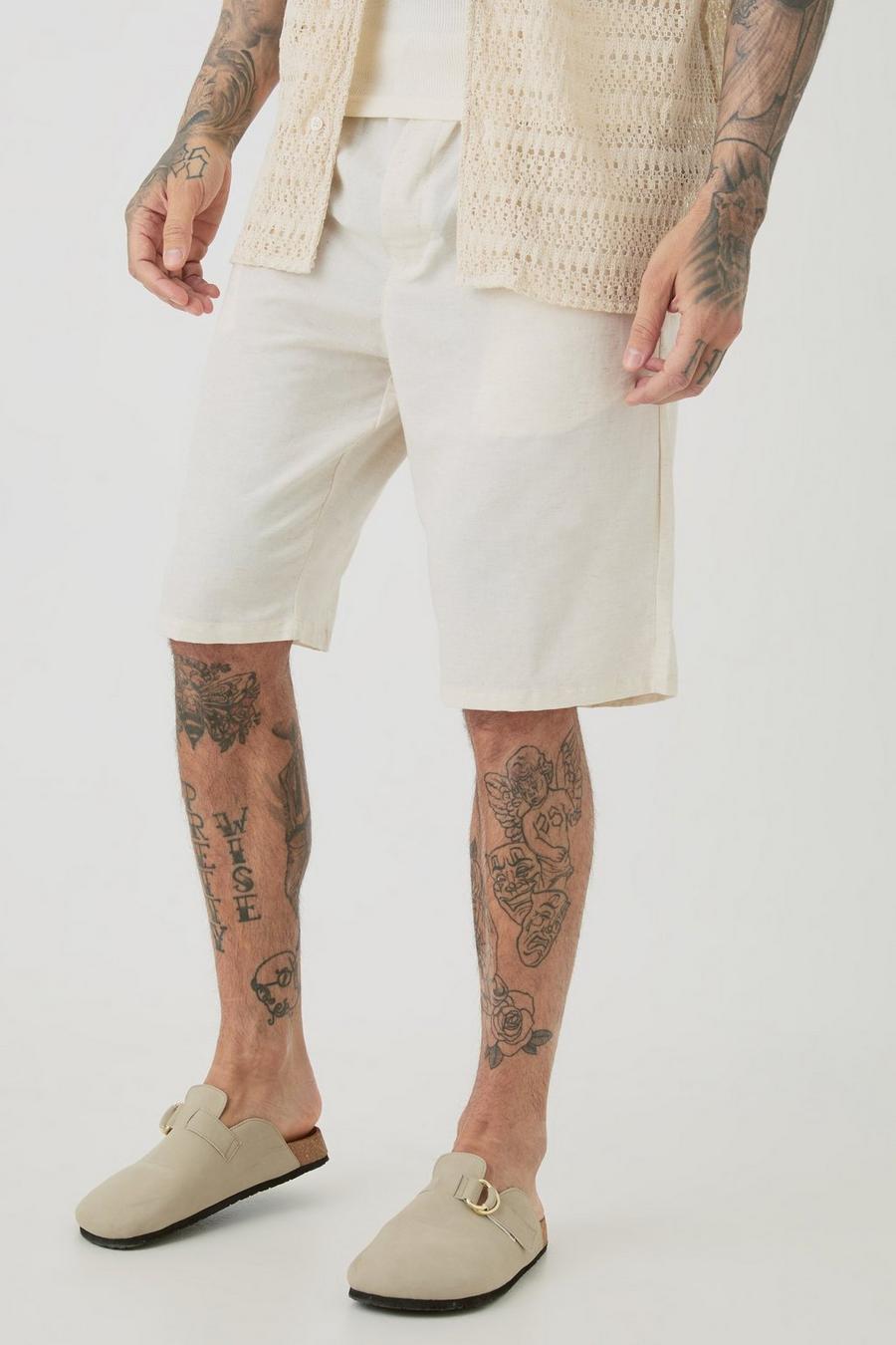 Tall Leinen-Shorts mit elastischem Bund, Natural