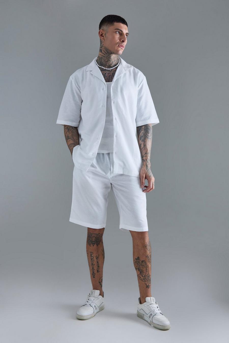 Conjunto Tall de pantalón corto y camisa de lino blanca con solapas, White image number 1
