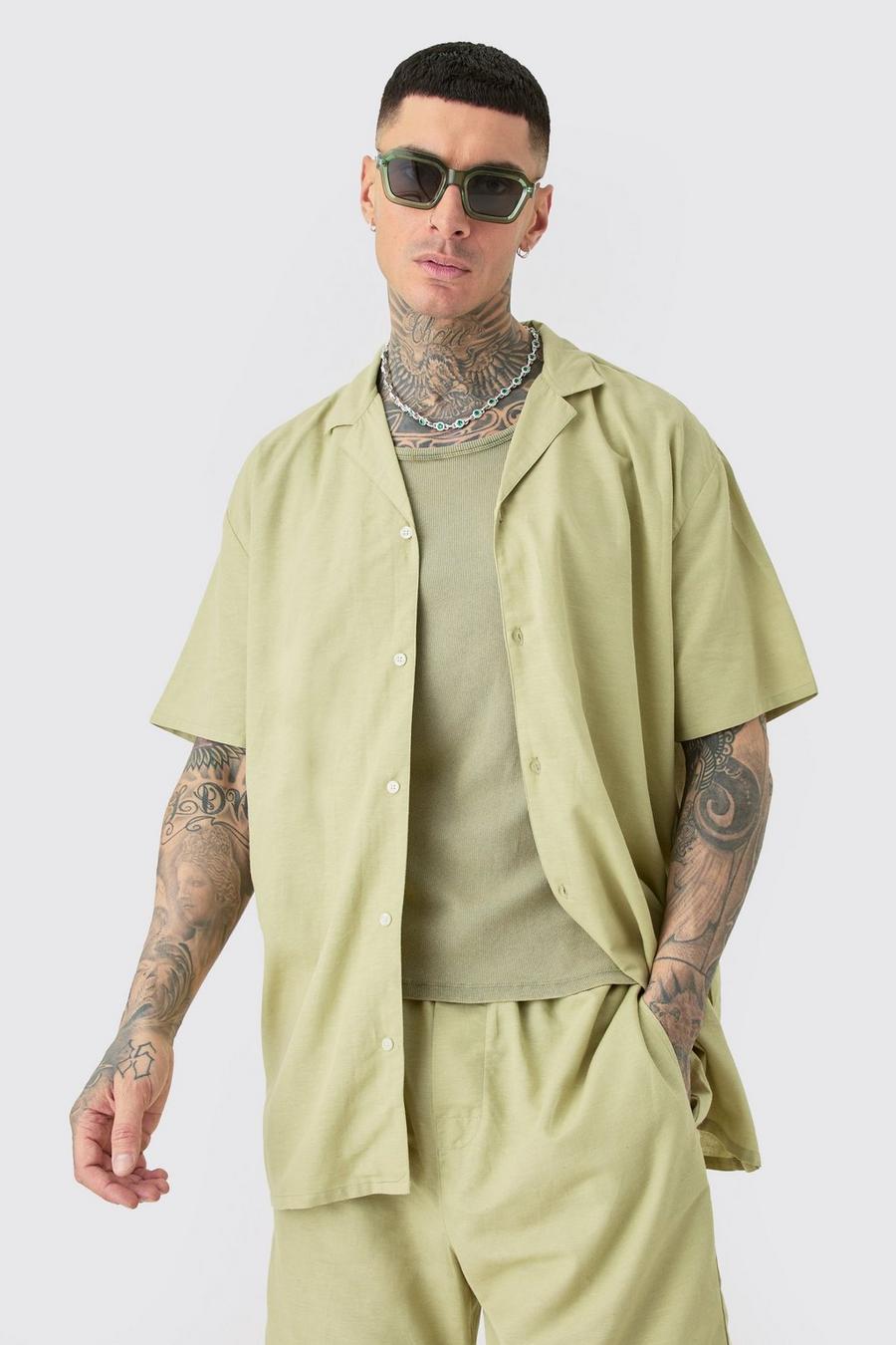 Tall Oversized Linen Drop Revere Shirt & Short Set In Sage