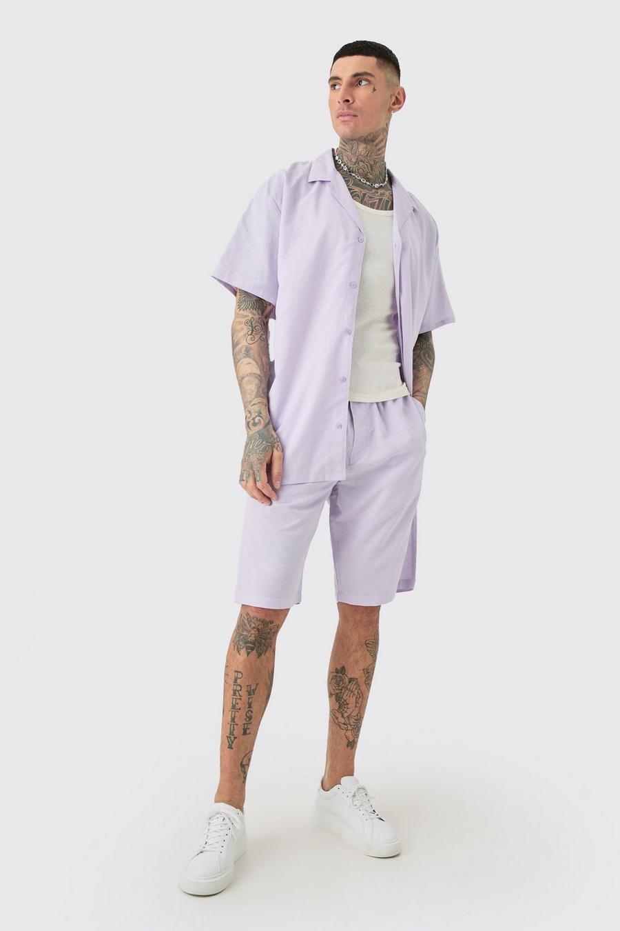 Tall Oversized Linen Drop Revere Shirt & Short Set In Lilac image number 1