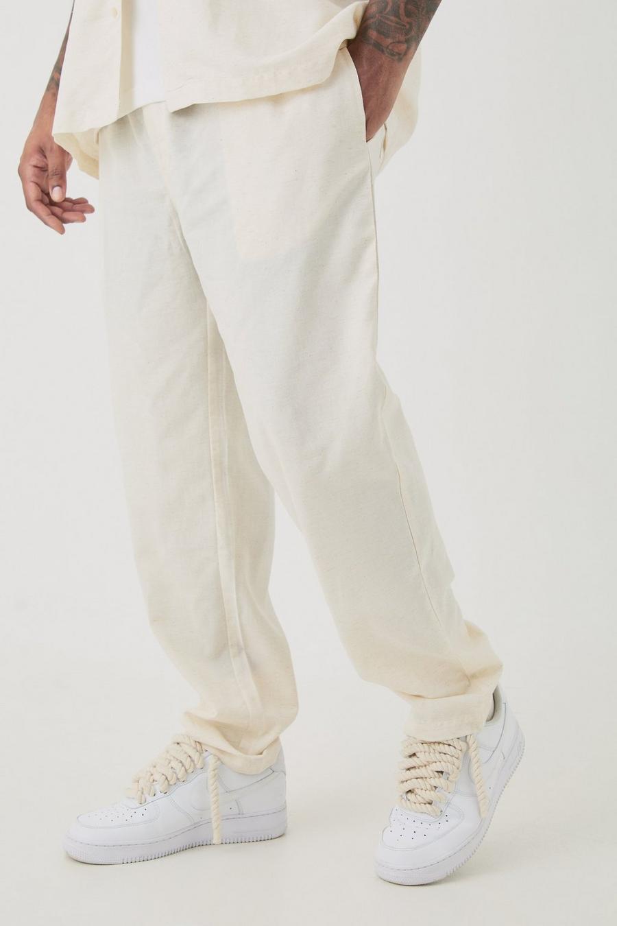 Pantalón Plus de lino ajustado con cintura elástica en color natural