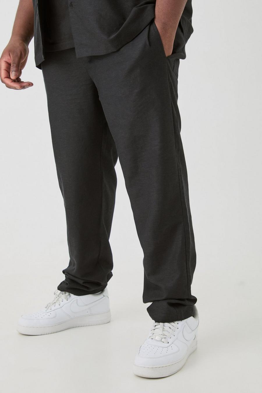 Pantalón Plus de lino ajustado con cintura elástica en negro, Black image number 1