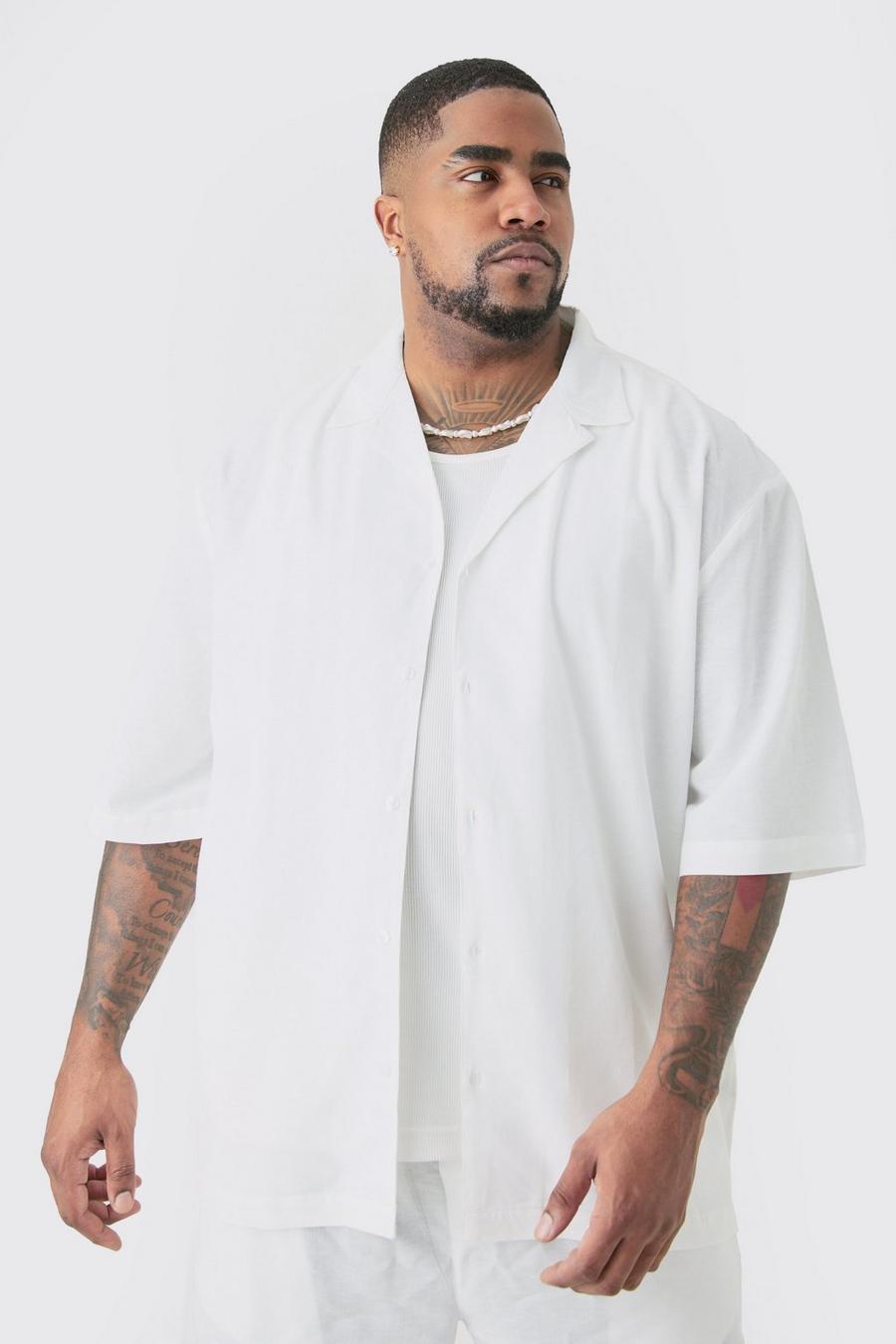 White Plus Linnen Drop Overhemd Met Revers Kraag In Wit