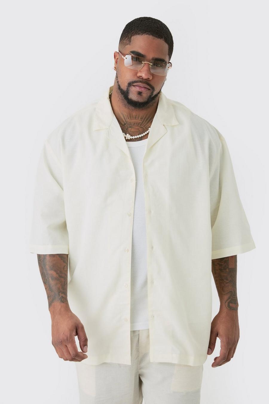 Camicia Plus Size in lino color ecru con rever scesi image number 1