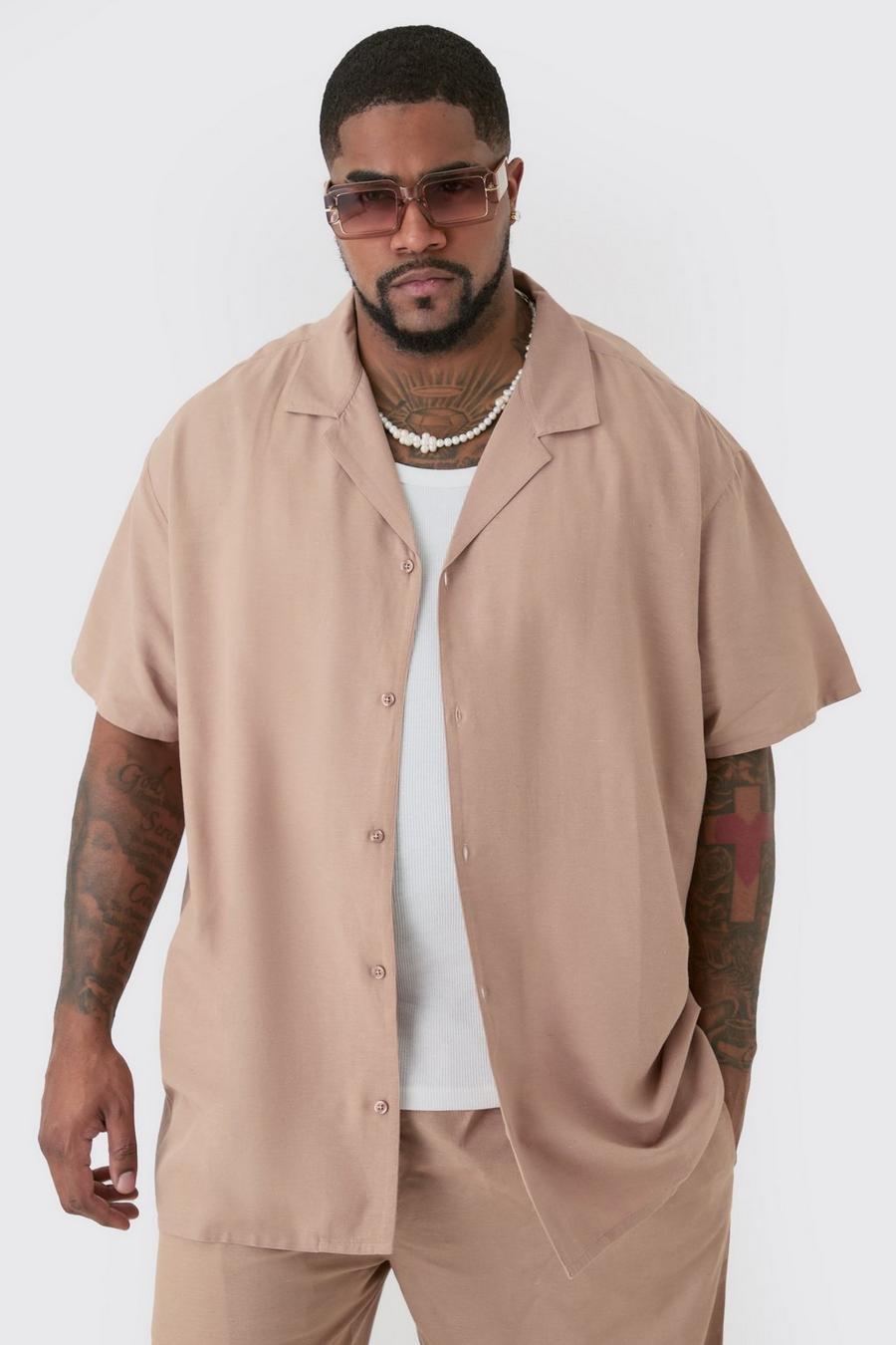 Plus Linen Drop Revere Shirt In Taupe image number 1