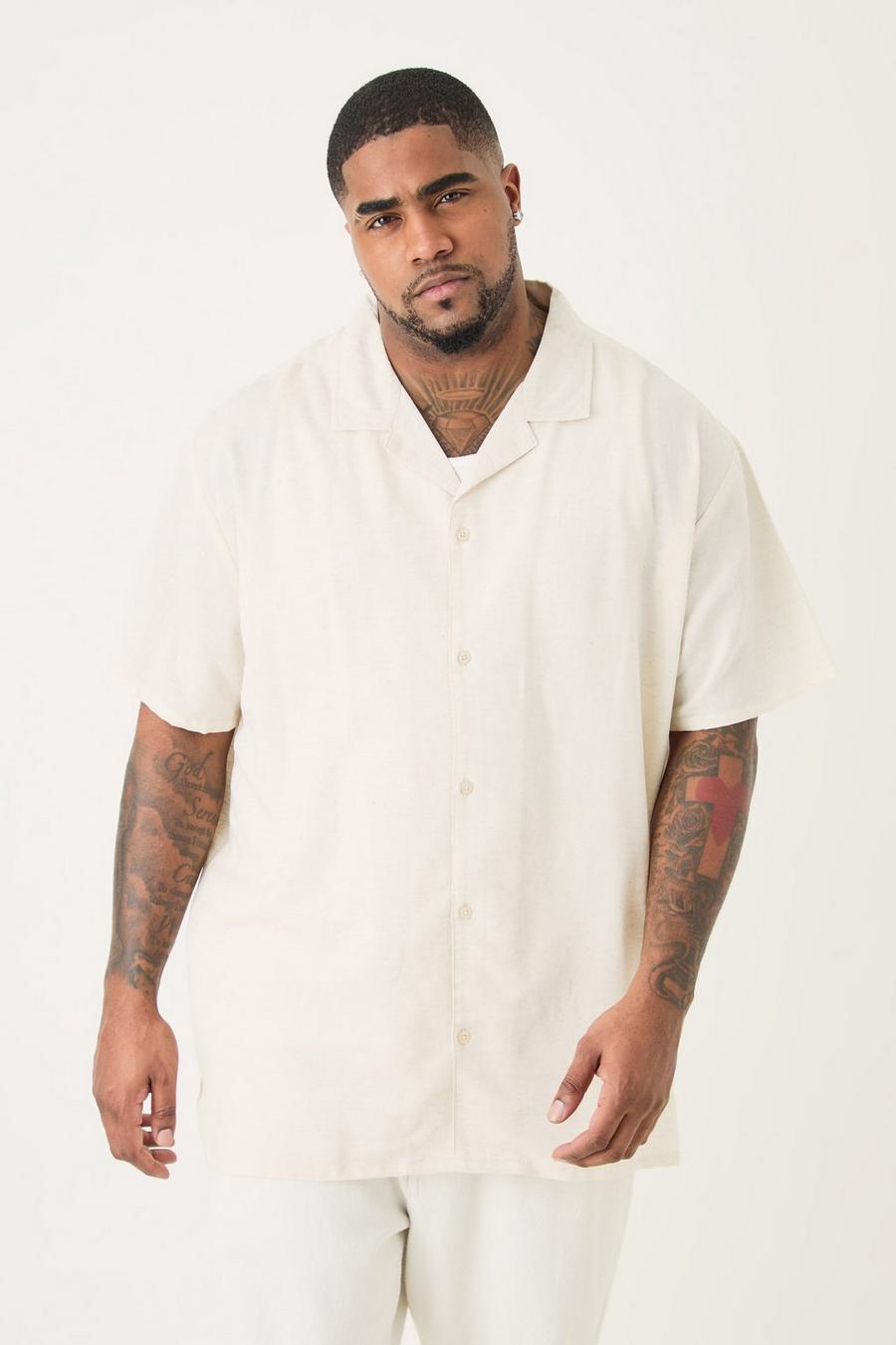 Camicia Plus Size oversize in lino color naturale con rever, Natural