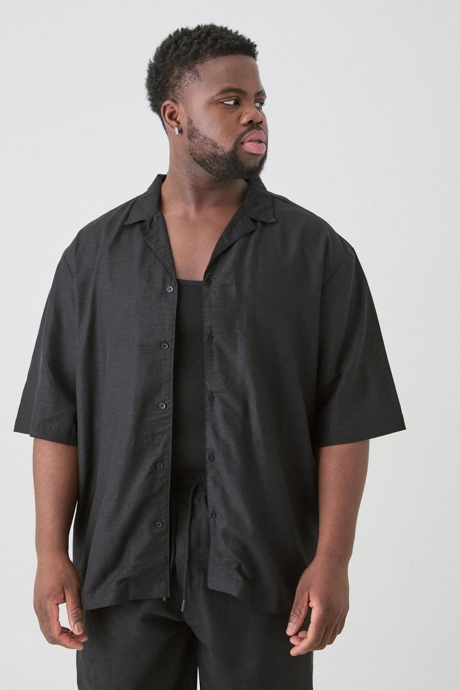 Camisa Plus oversize de lino negra con solapas, Black