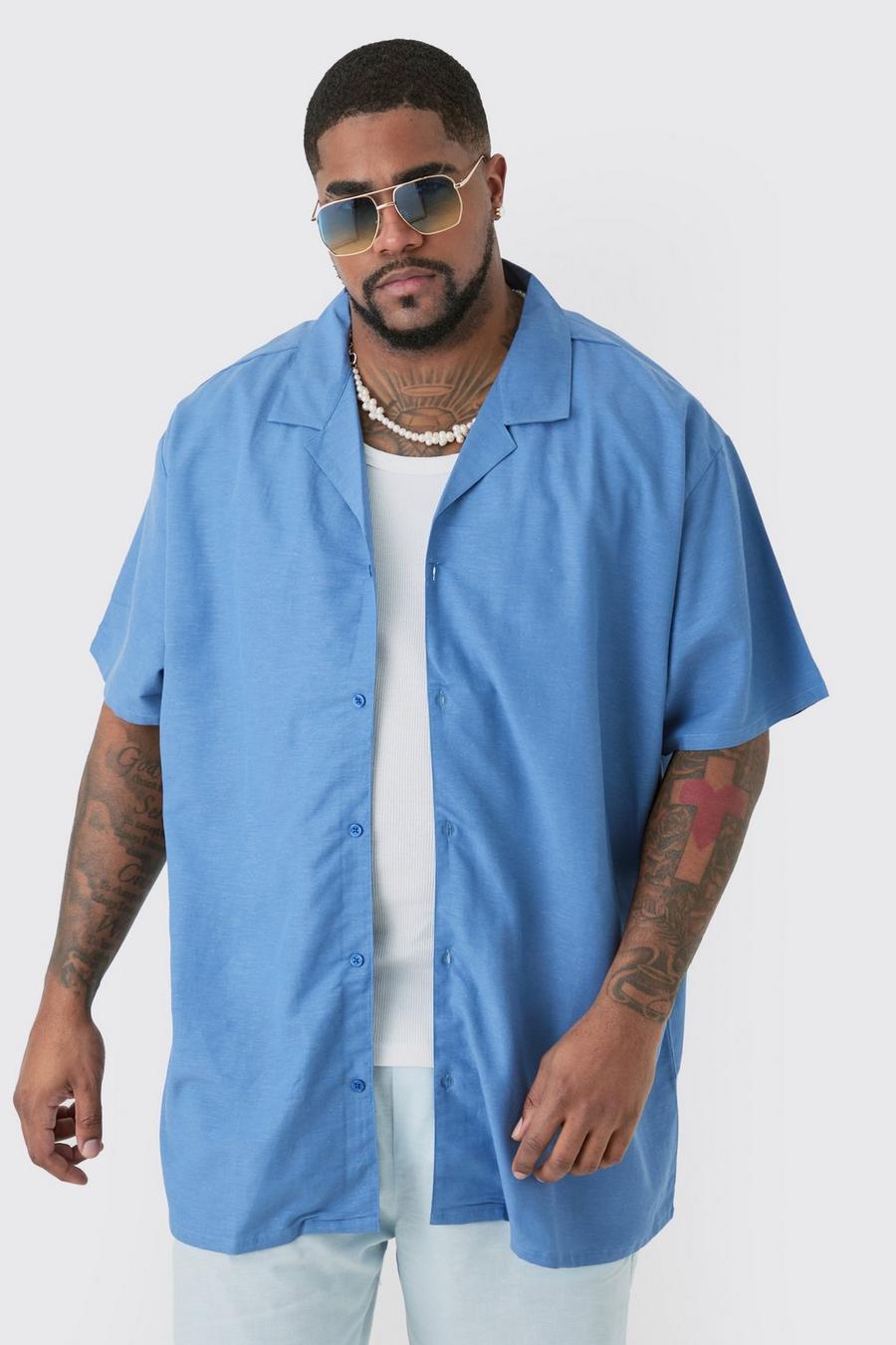 Camicia Plus Size oversize in lino blu con rever, Blue image number 1