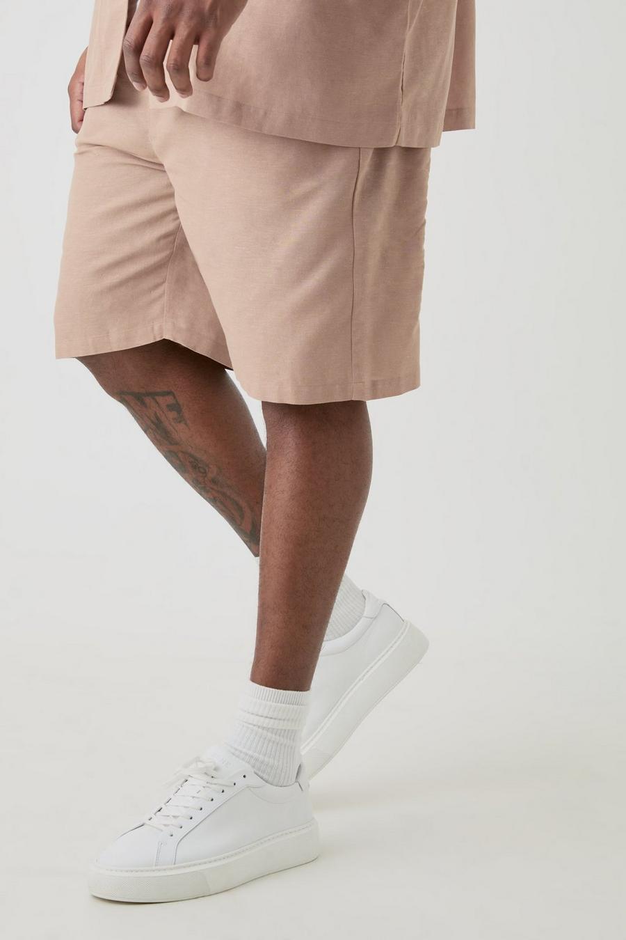 Pantalones cortos Plus de lino con cintura elástica en color topo, Taupe