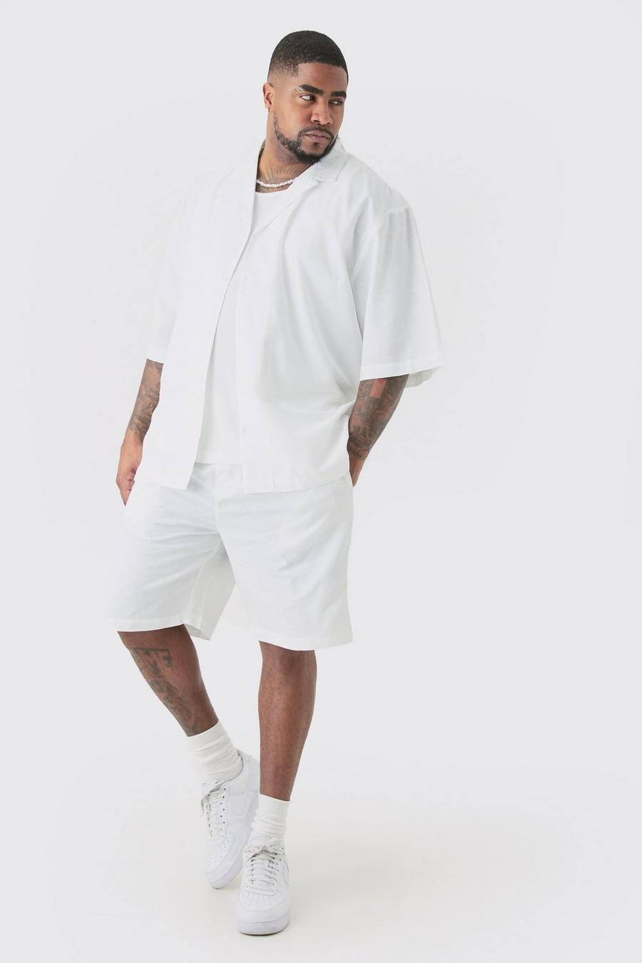 Set Plus Size in lino - camicia bianca con rever scesi & pantaloncini, White