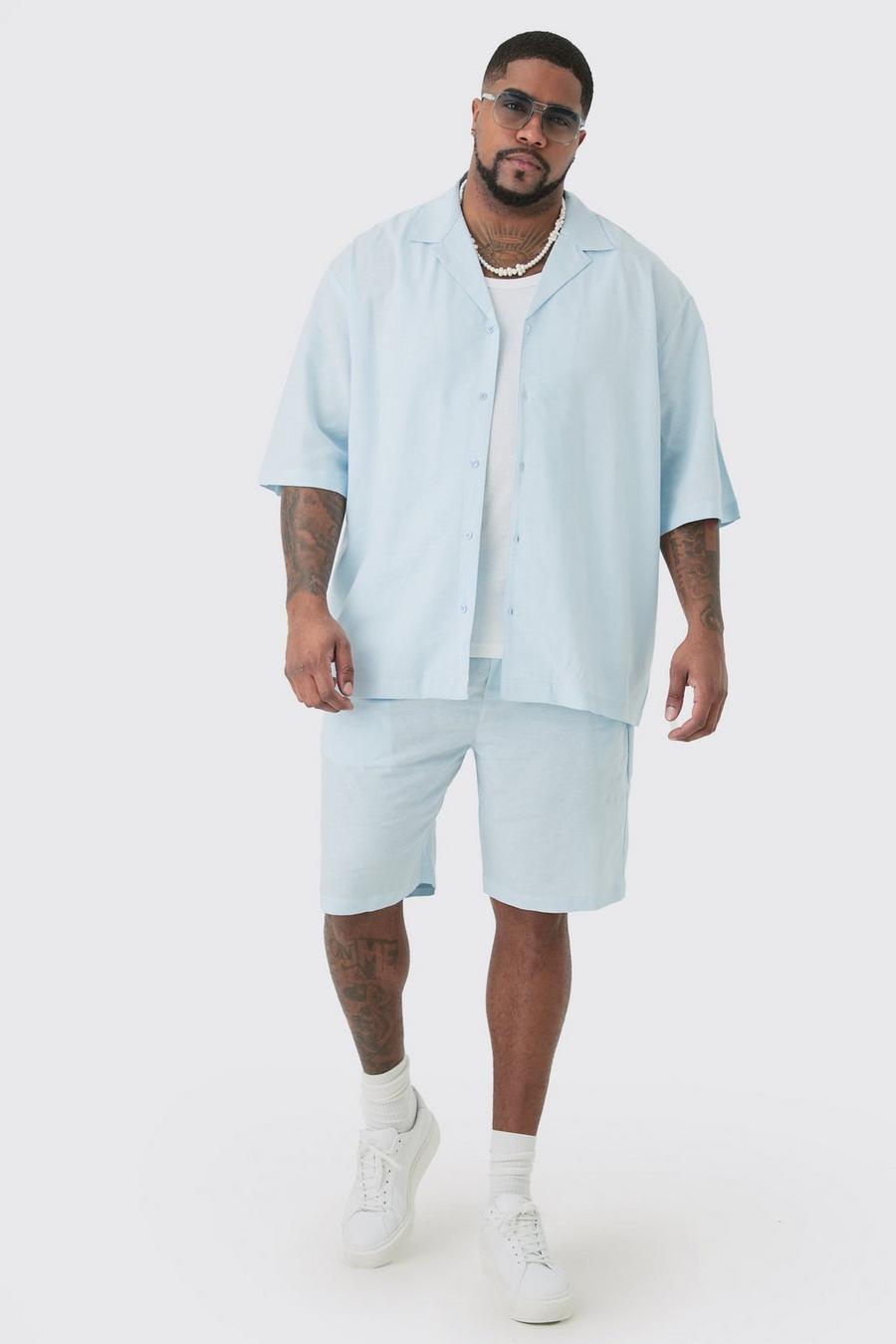 Plus Drop Revere Linen Shirt & Short Set In Light Blue