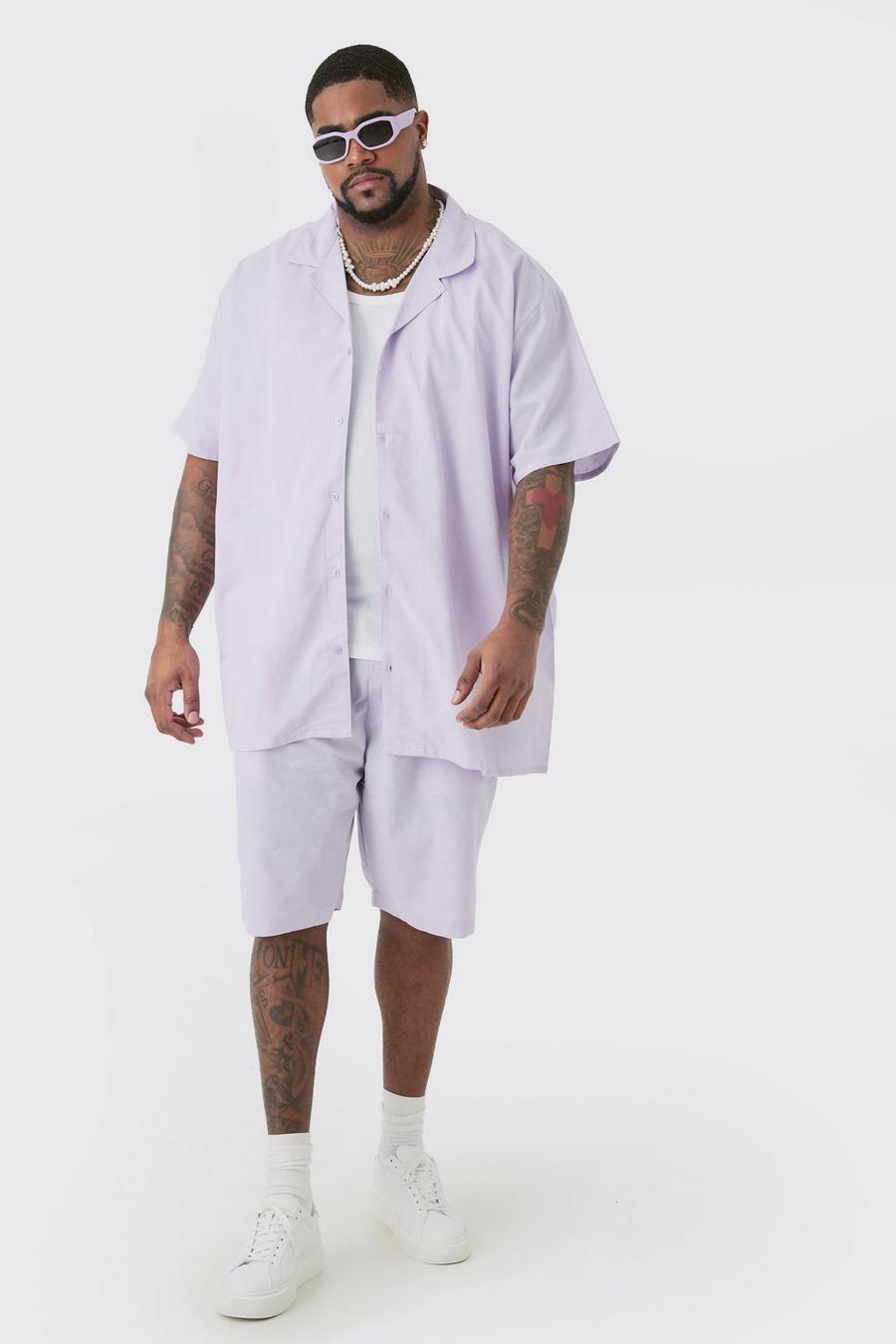 Set Plus Size camicia oversize in lino con rever scesi & pantaloncini lilla, Lilac
