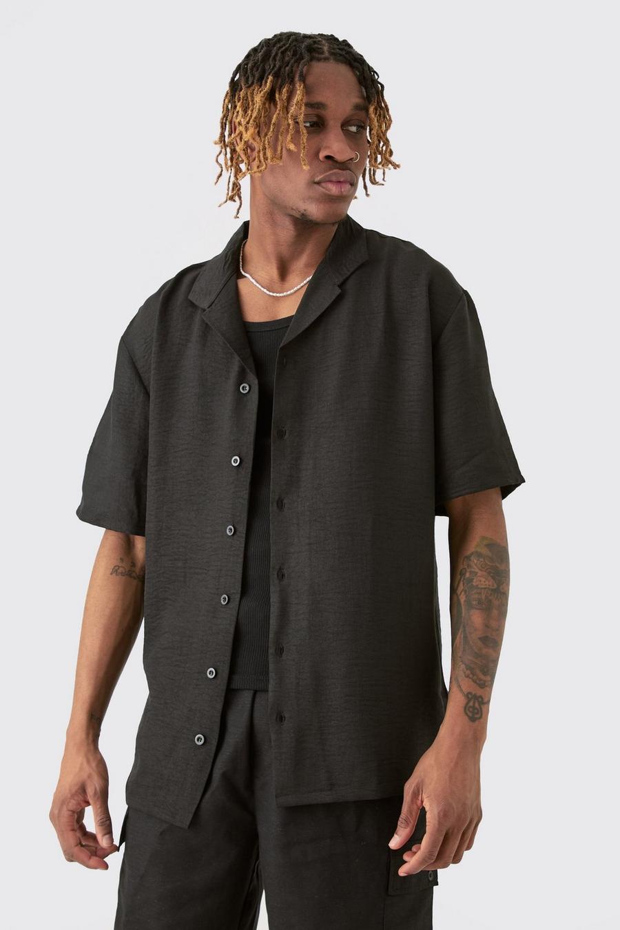 Tall Short Sleeve Drop Revere Linen Shirt In Black