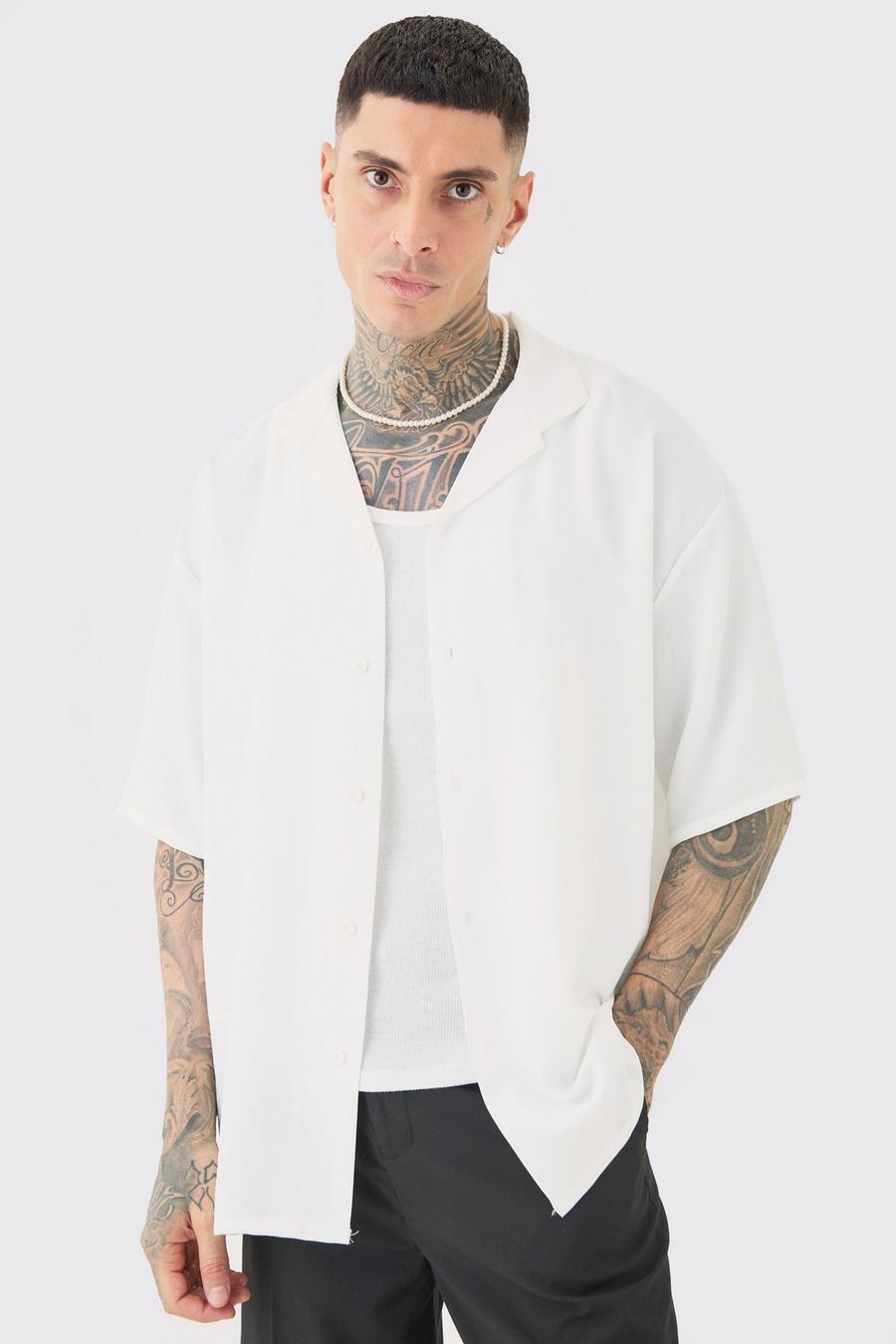 White Tall Oversized Linnen Overhemd Met Korte Mouwen In Wit image number 1