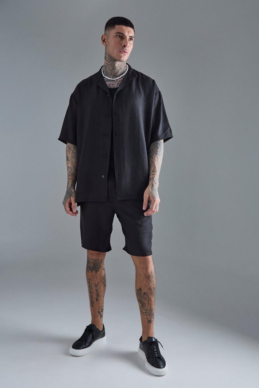 Tall Short Sleeve Oversized Linen Shirt & Short Set In Black
