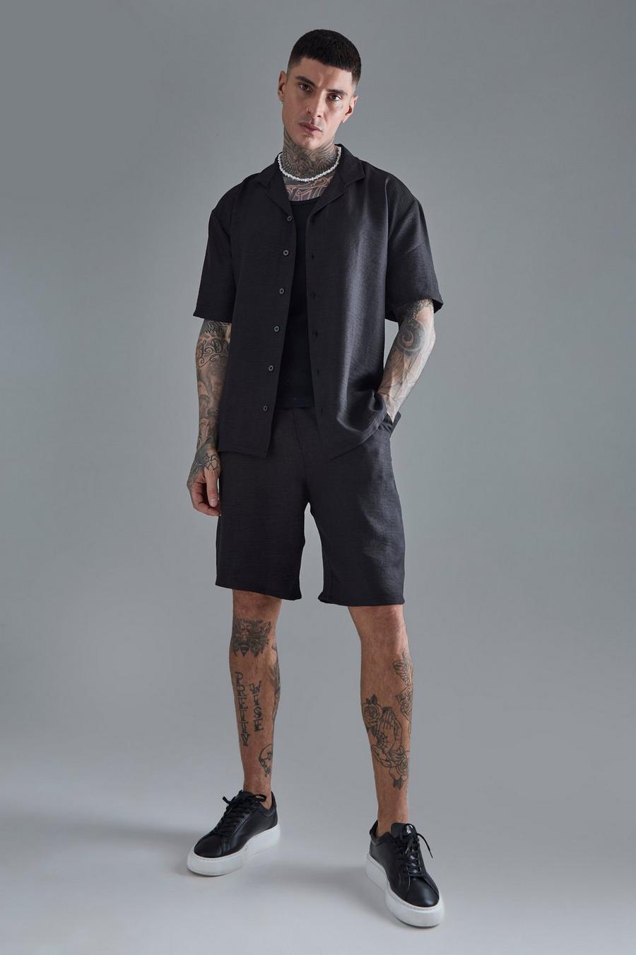 Tall Short Sleeve Drop Revere Linen Shirt & Short Set In Black