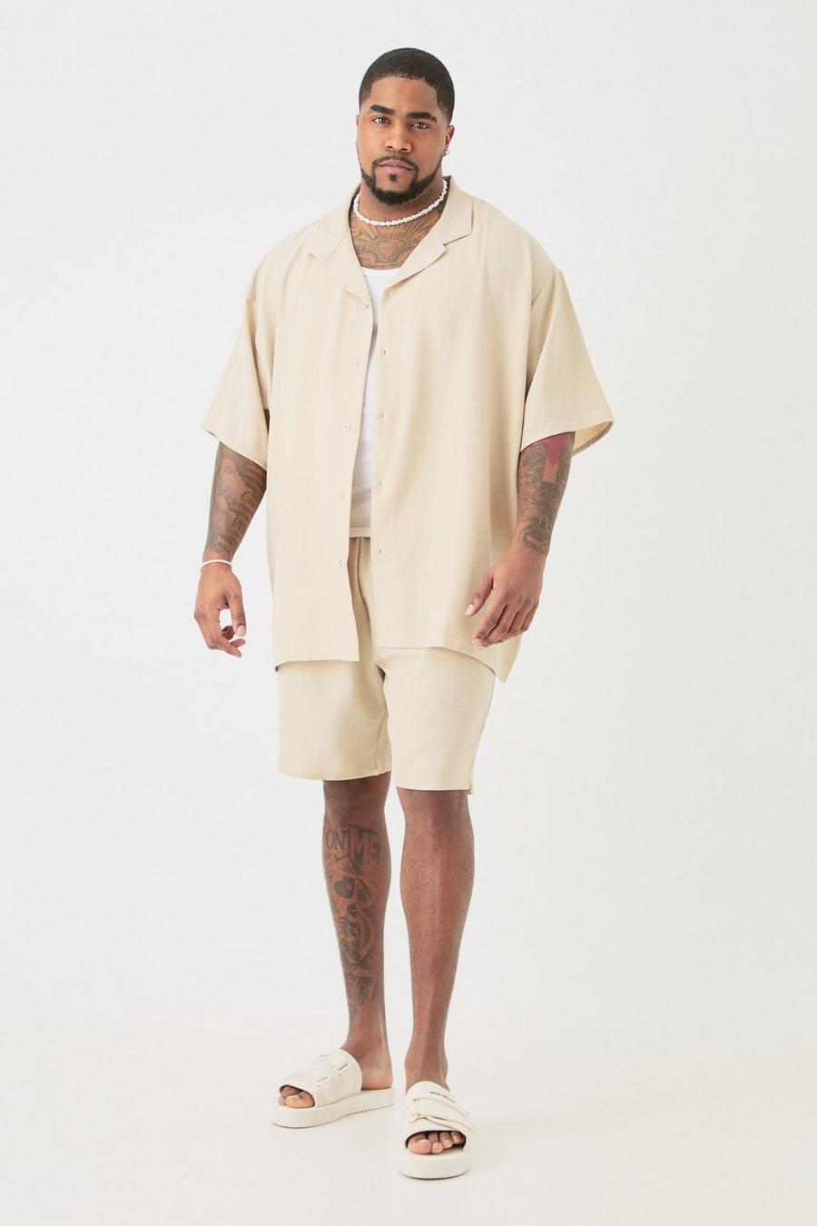 Set Plus Size camicia oversize in lino & pantaloncini in colore naturale, Natural