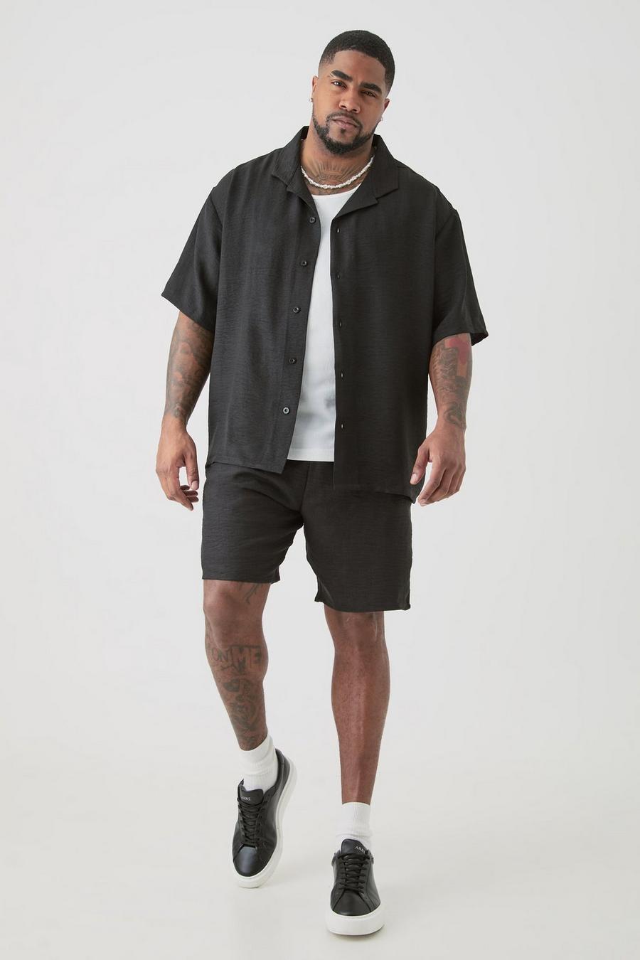 Plus Oversized Linen Shirt & Short Set In Black