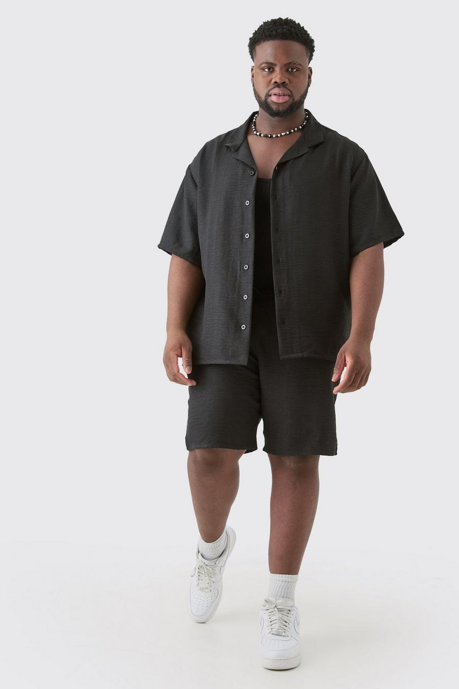 Black Plus Linnen Overhemd Met Korte Mouwen En Revers Kraag En Shorts Set In Zwart