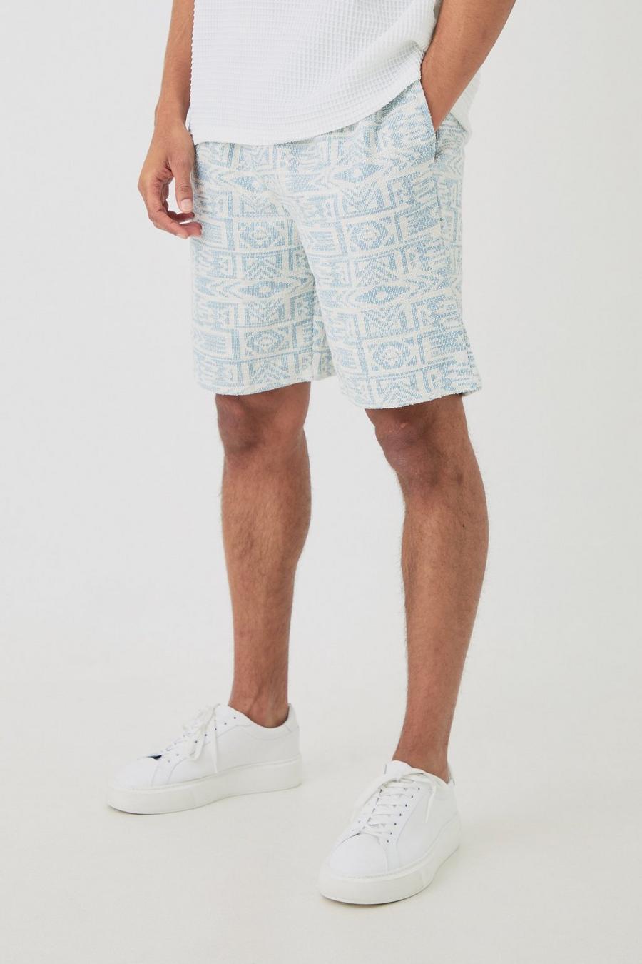 Blue Relaxed Fit Mid Length Jacquard Short image number 1