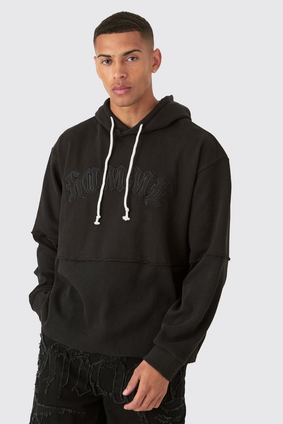 Black Oversized Waffle Faux Layer Applique Hoodie image number 1