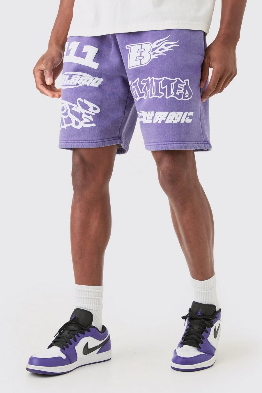 Purple Relaxed Moto Puff Print Washed Shorts image number 1